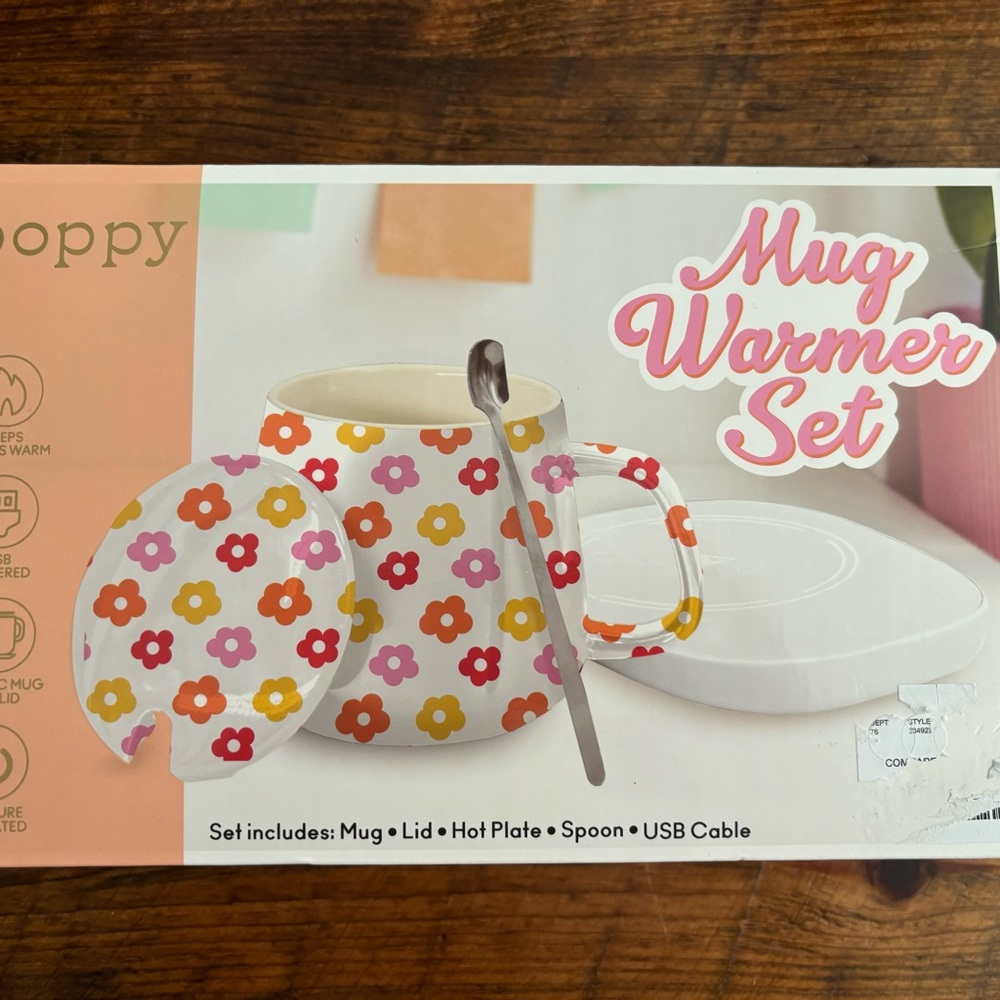 XO Poppy Mug Warmer Set "NEW" Set Includes Mug Lid Hot Plate Spoon USB Cable
